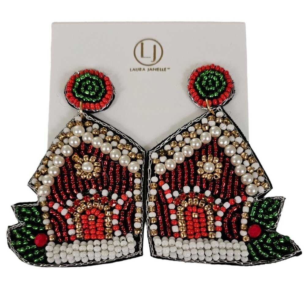 Beaded Christmas House Cottage Post Earrings L174